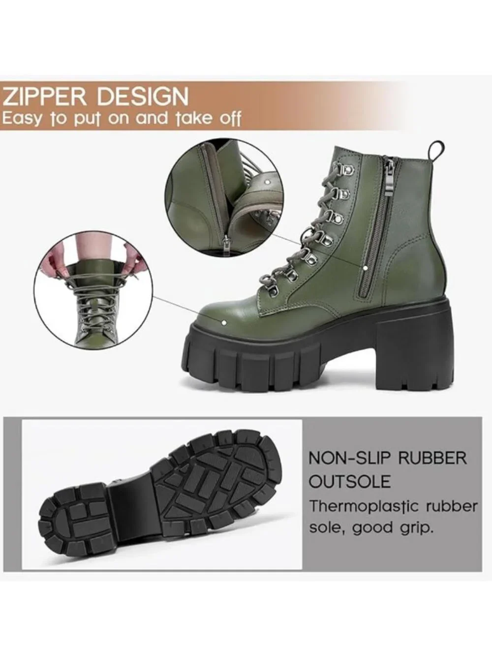 Women’s Dark Green Lightweight Lace Up Side Zipper High Heel Chunky Combat Boots - Picture 6 of 6